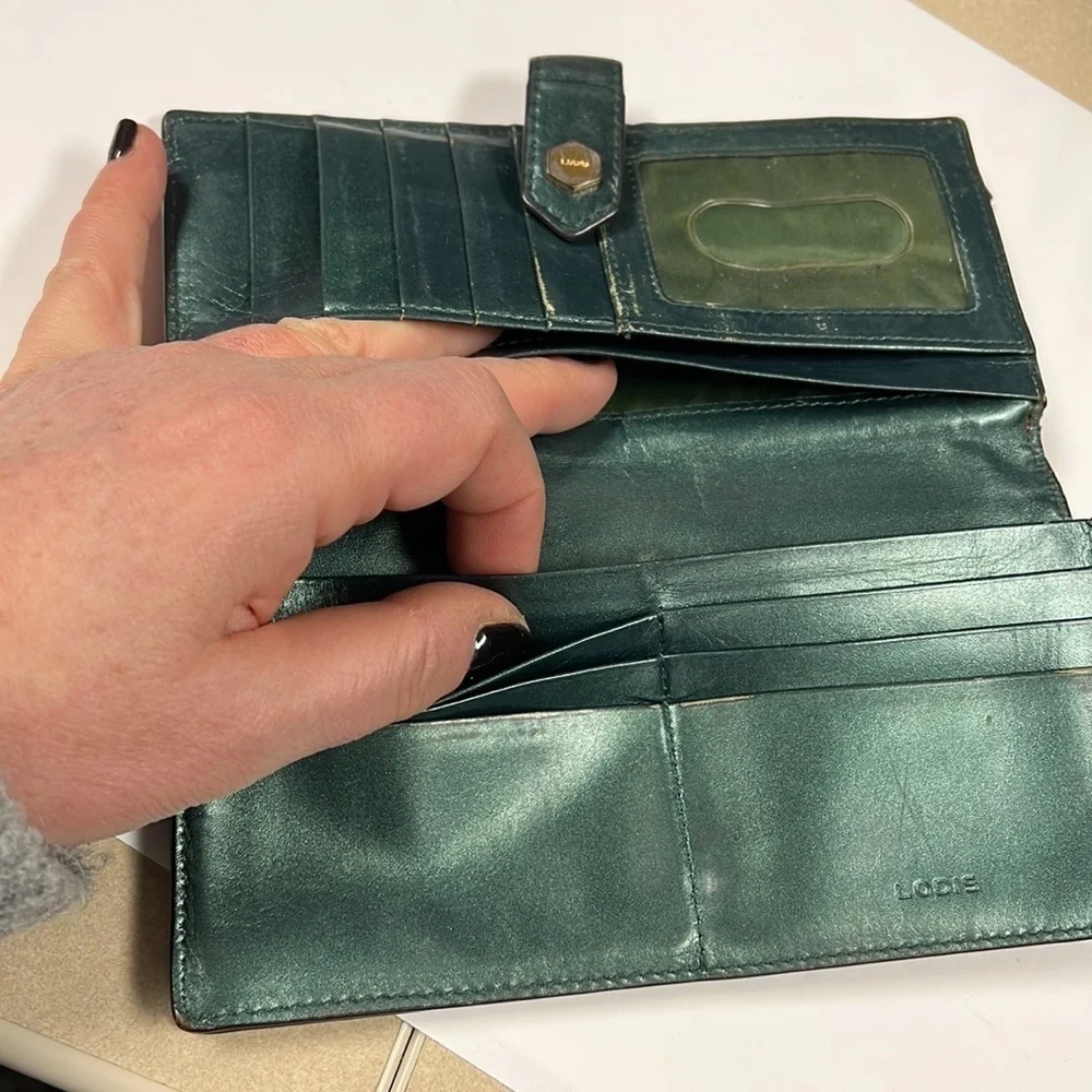Lodis Green Metallic Leather Snap Clutch Wallet